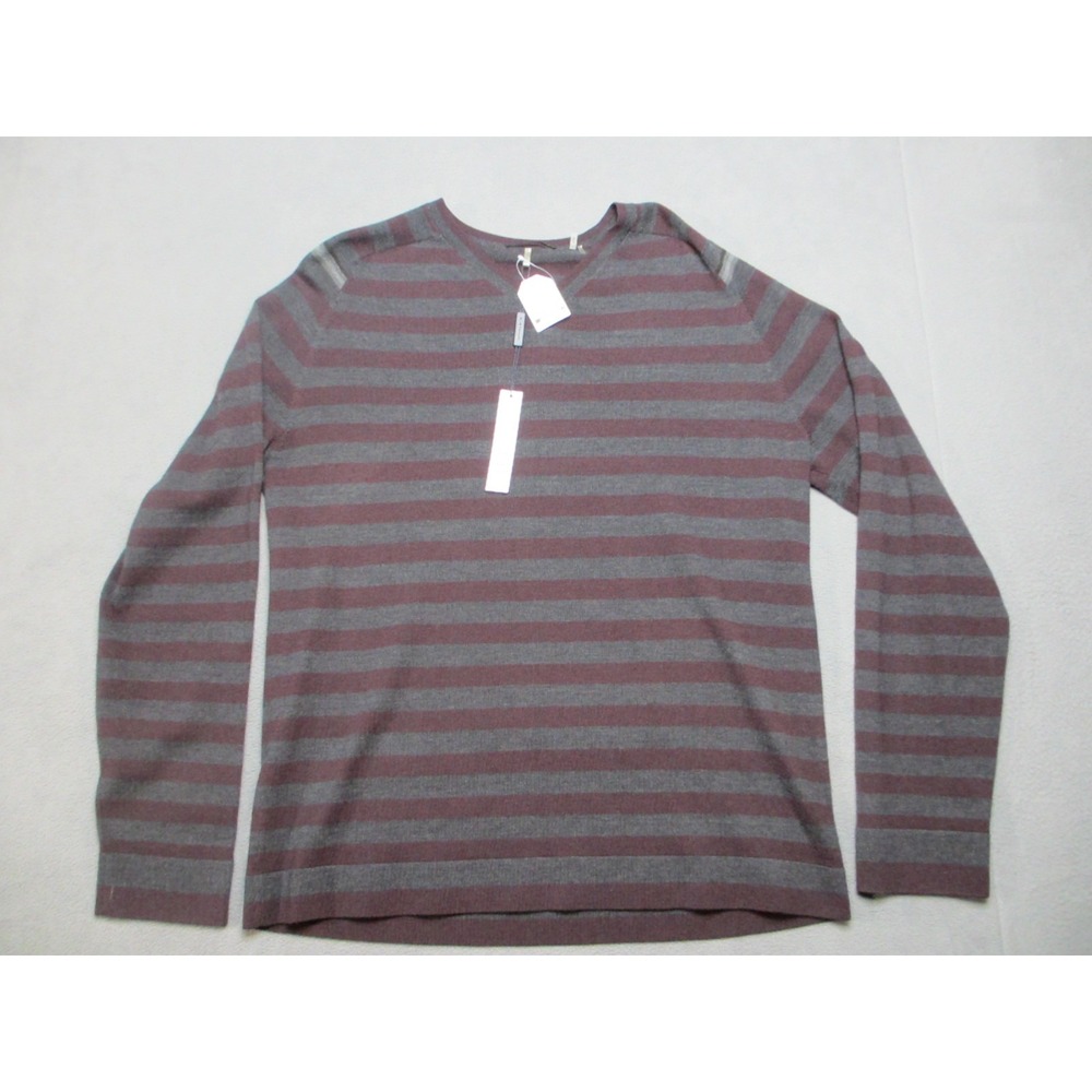Merino Wool Sweater Mens XL Gray Red Maroon Stripe Elie Tahari Benton Knit VNeck